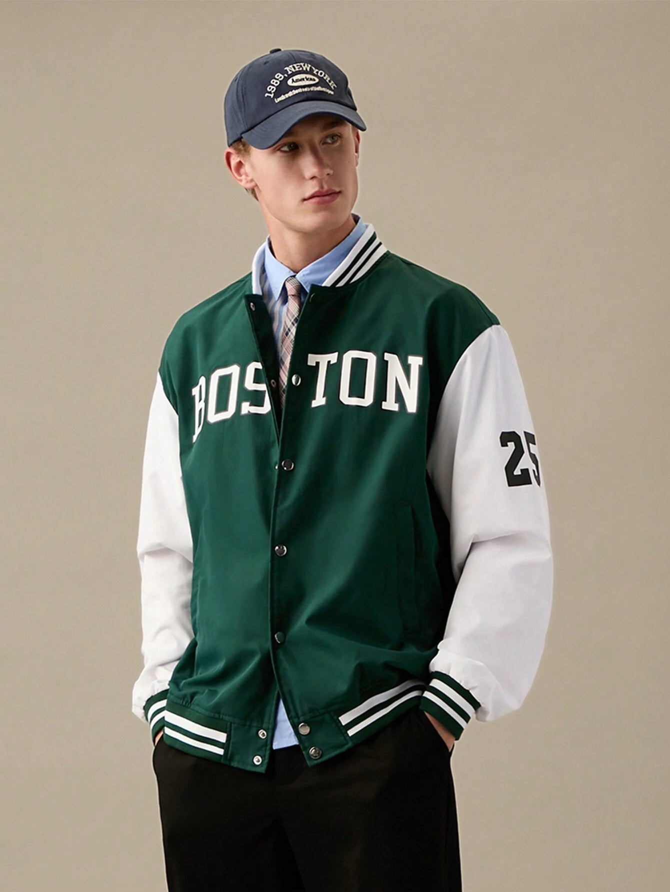 Manfinity Rebelgame Oversized Men'S Letter Graphic Striped Trim Varsity Jacket