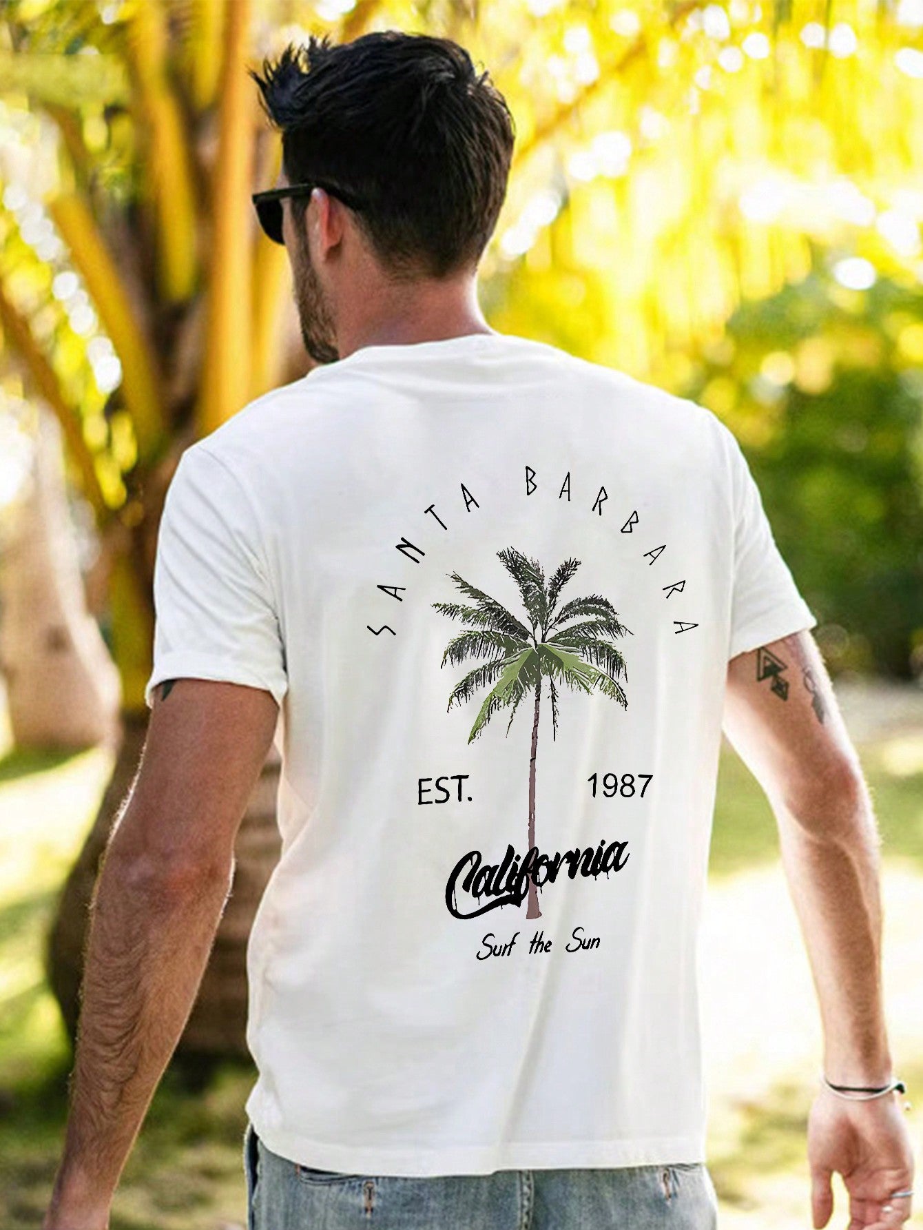 2025 Summer New Arrival Men Coconut Tree Letter Print Short Sleeve round Neck T-Shirt, Casual Holiday Wear