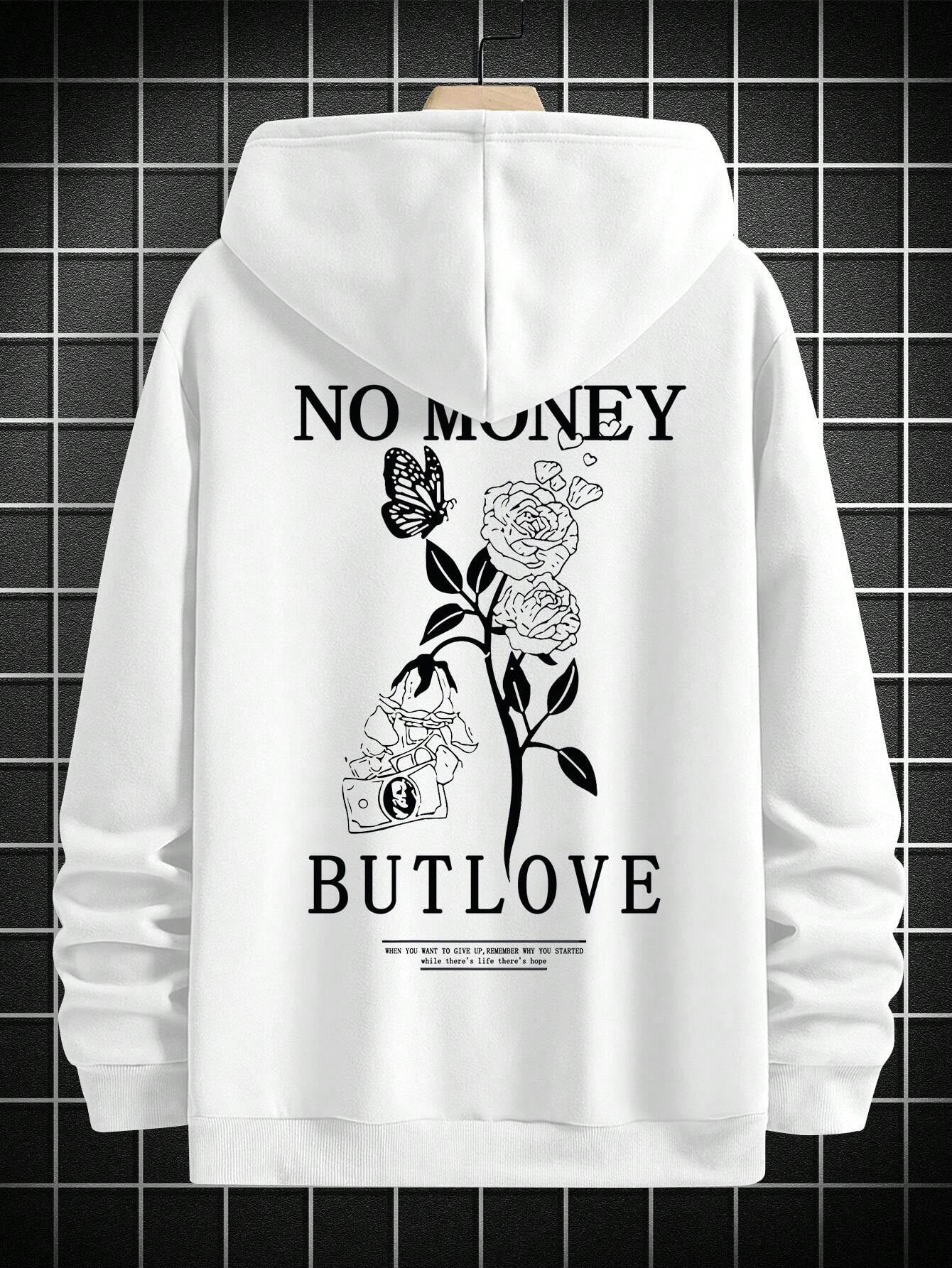 Manfinity EMRG Loose Fit Men'S Hooded Sweatshirt with Floral & Letter Print Rose White Graphic Long Sleeve Hoodie, for Friends, Husband, Boyfriend Gifts